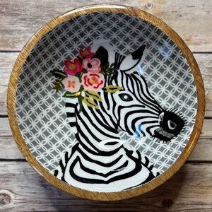 Anthropologie Zebra Art Wooden Bowl with Floral Accent